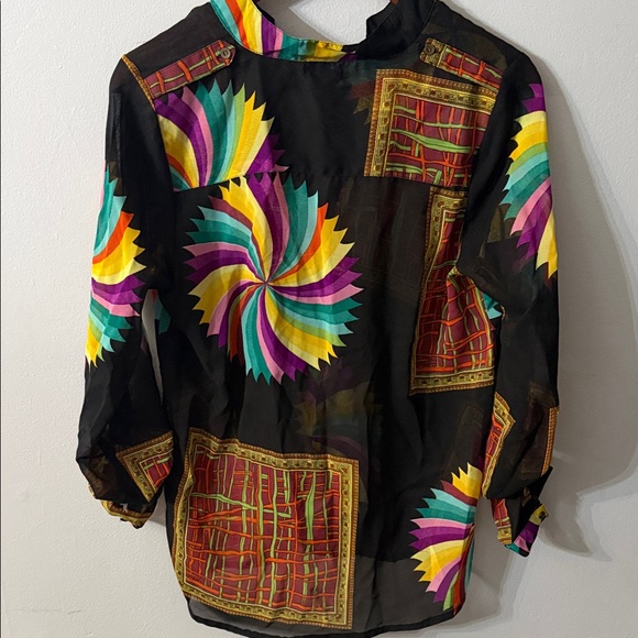 OPPA Vintage Colorful Sheer Roll Tab Sleeves Button Down Shirt - Picture 6 of 7